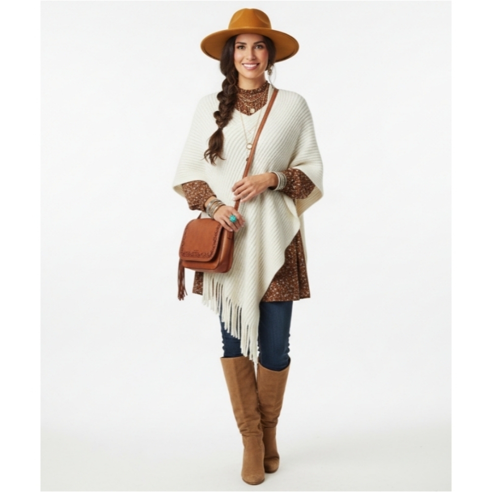 Time & Tru Women's Size L/XL Cream Knit Sweater Poncho - Picture 9 of 9
